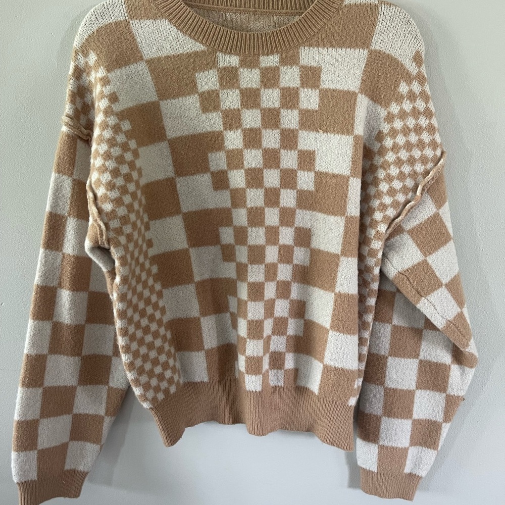 Checkered Tan and Cream Sweater